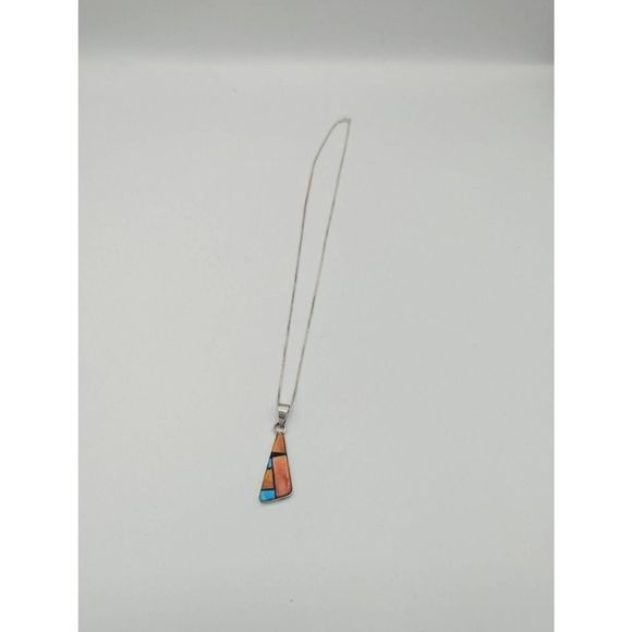 Navajo Necklace Pendent 925 Sterling Silver Spiny Oyster & Turquoise Singed - Picture 3 of 7